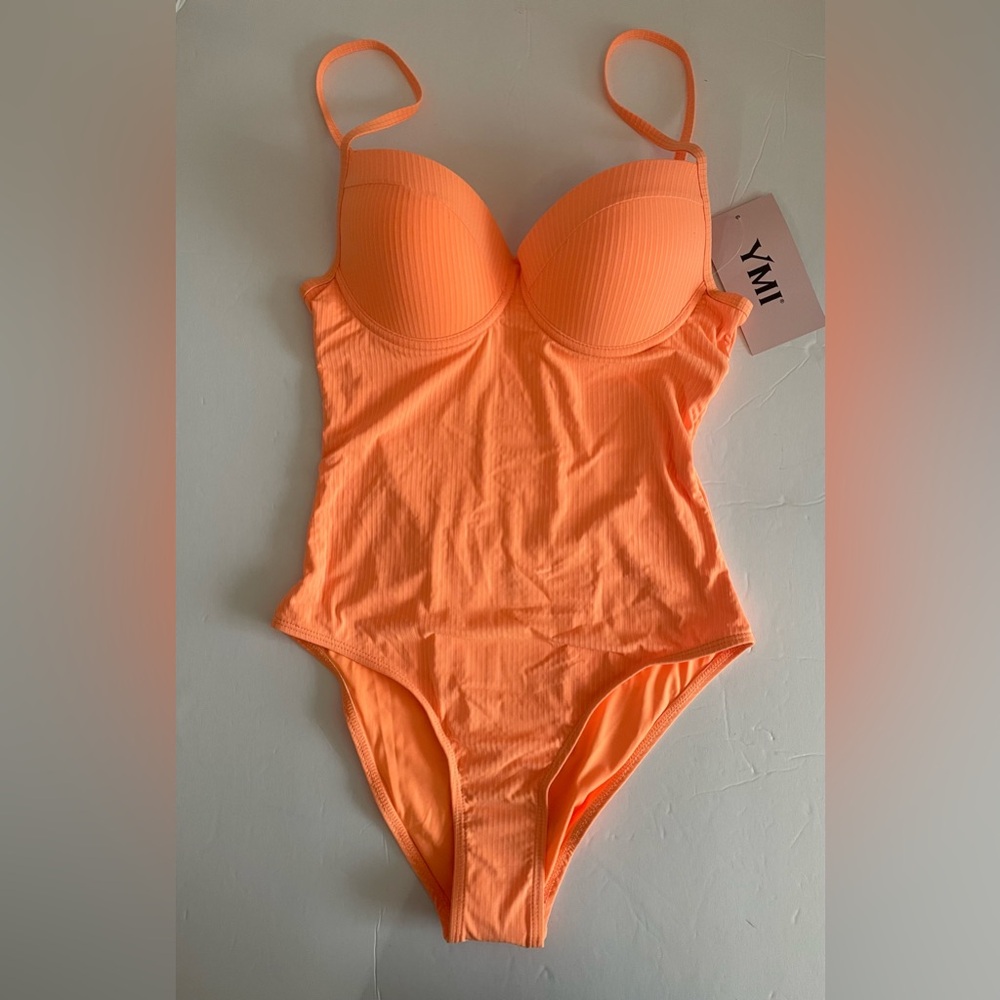 YMI Swimwear 1 Piece Bra Top Swimsuit Open Back Juniors Medium Orange Pop